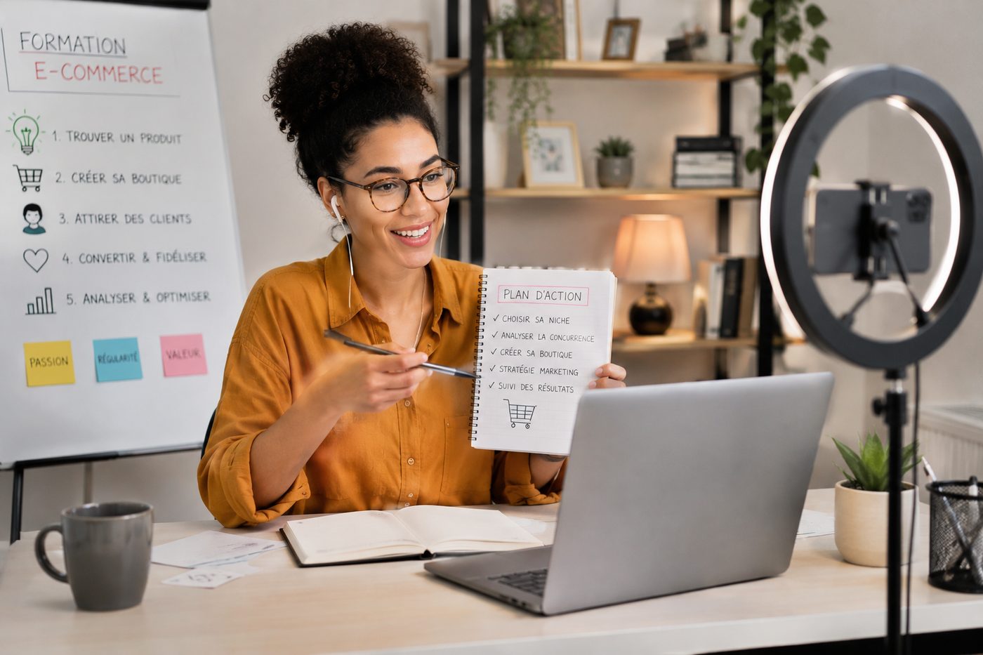 Formatrice e-commerce présentant un plan d'action lors d'une session en ligne