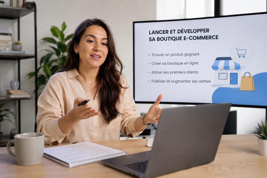 Formatrice présentant les étapes pour lancer et développer sa boutique e-commerce